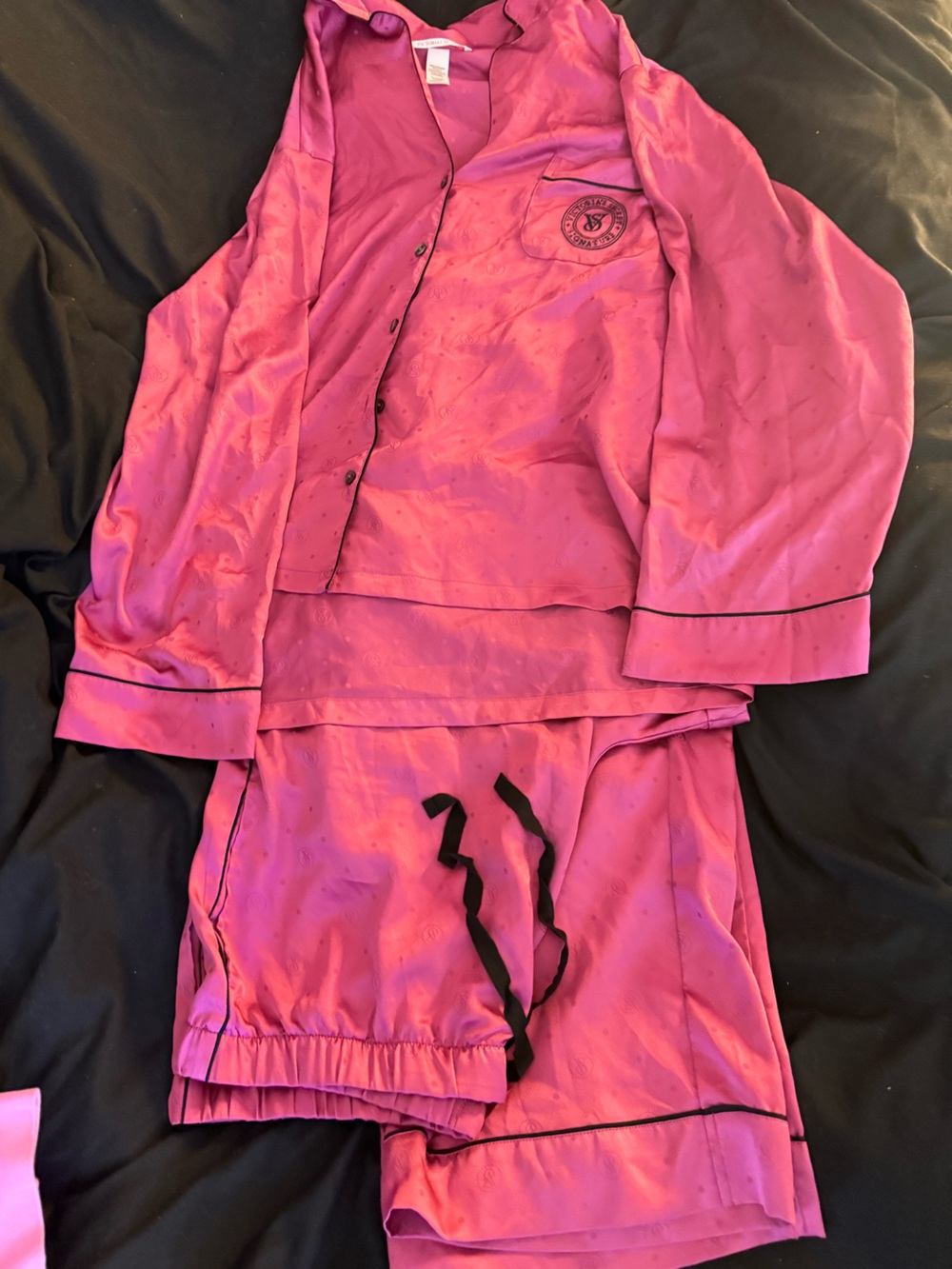 Victoria's Secret Hot Pink Satin Pajama Set with Black Trim